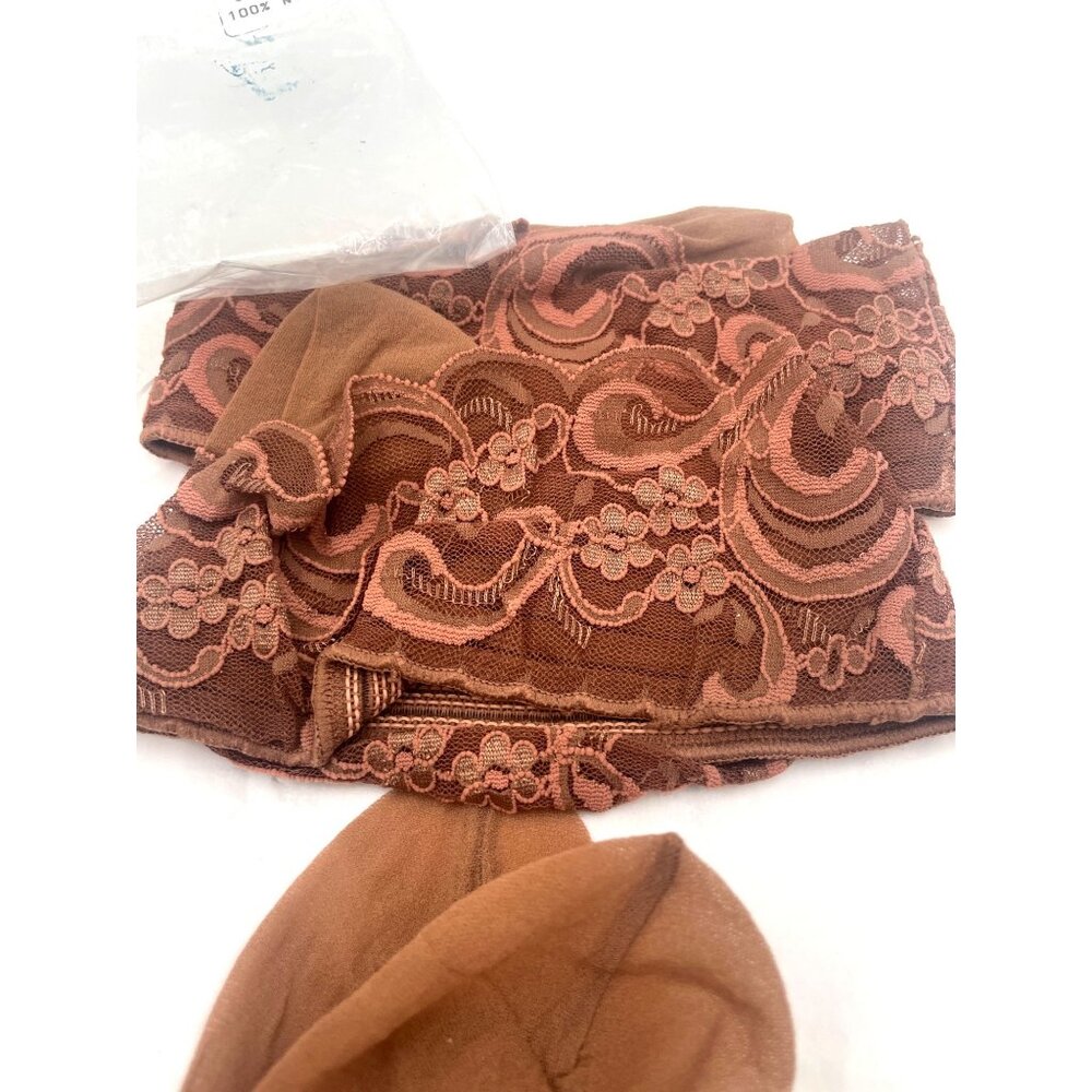2 Pr 100% Nylon Neutral Beige Stockings Fancy Lace Scroll Top